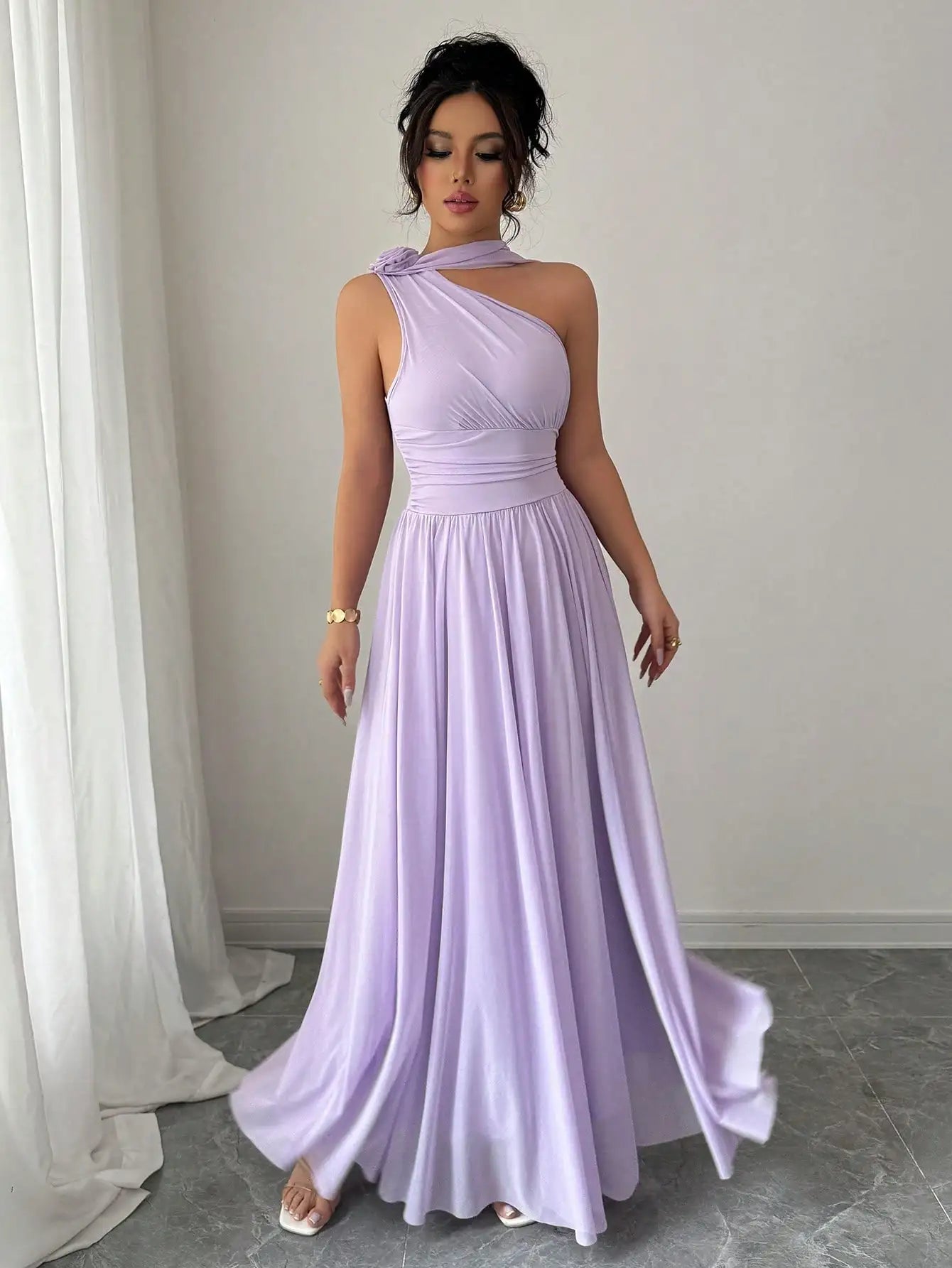 Women'S Lavender One-Shoulder Flowing Maxi Dress - Draped Neck Pleated Skirt For Weddings & Events