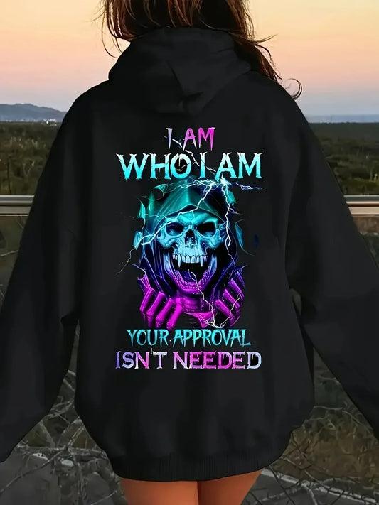 Plus Size Men's Casual Hoodie Bold Skull Letter Print Long Sleeve Pullover with I'm Who I Am Design for Fall/Winter Wear Hoodie