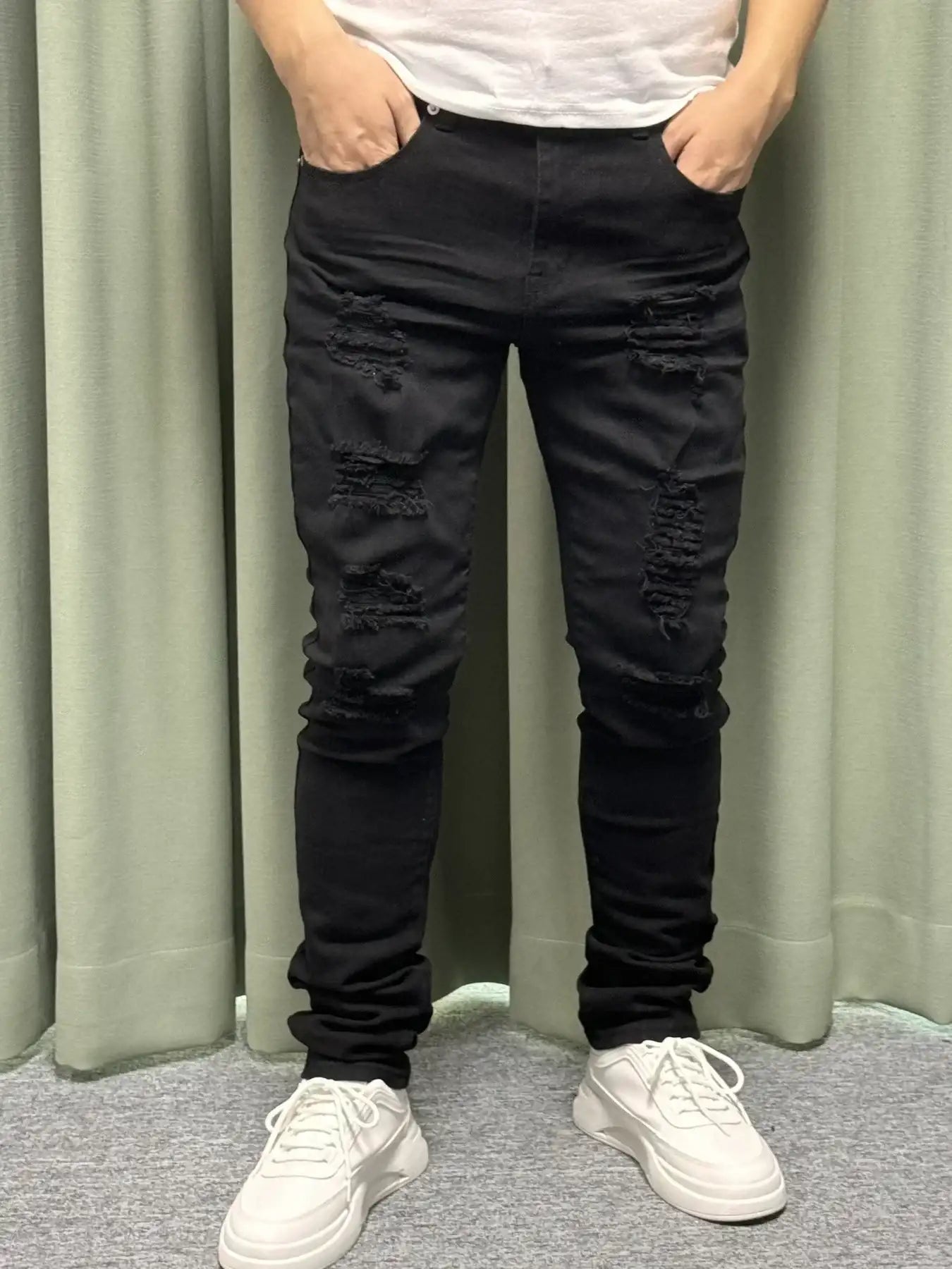 Men stretch twill pants, full ripped design, available in a variety of colors, front and back knee plus three-dimensional crea