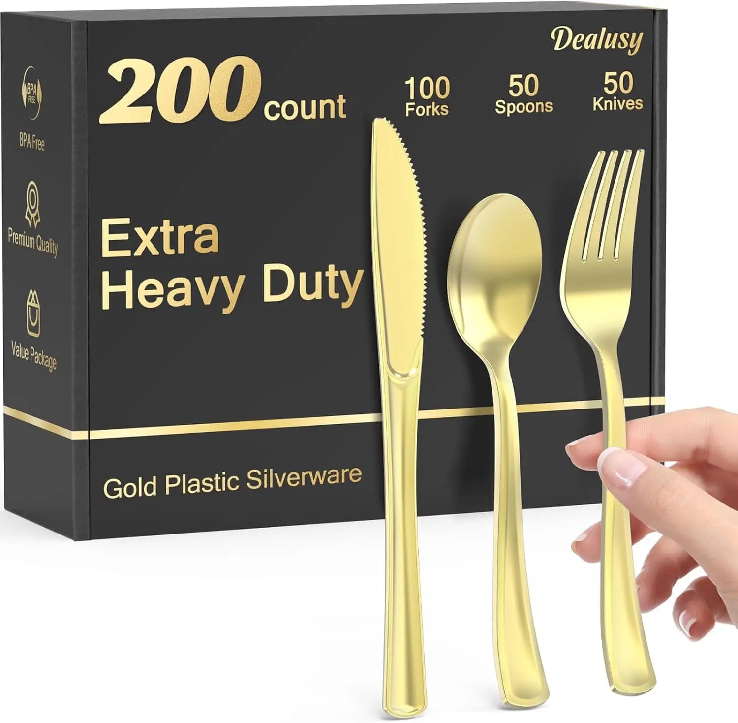 Heavy Duty Gold Plastic Silverware Set, 100 Forks, 50 Spoons, 50 Knives, Bpa-Free Heat Resistant Disposable Cutlery Bulk