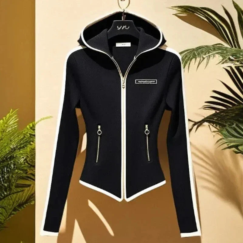 American Spring Hooded Zipper Drawstring Cardigan Jackets for Women Korean Fashion Long Sleeve Slim Casual White Black Crop Tops