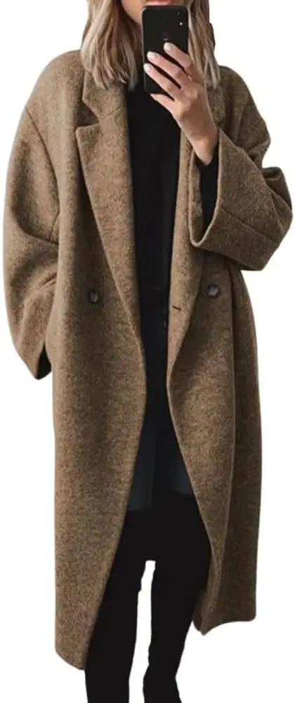 Women'S Winter Double Breasted Faux Wool Coat Long Sleeve Notch Lapel Long Trench Coat