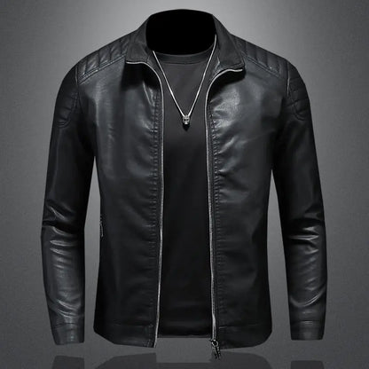 Men's PU Leather Stand Collar Zip Up Jacket Factory Wholesale Casual Biker Style Outerwear