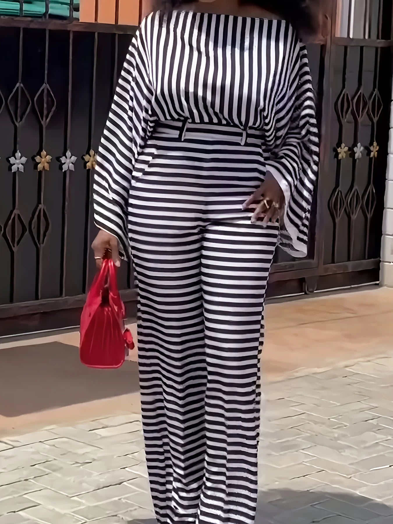 Oversized Black & White Striped Two-Piece Suit “ One-Shoulder Top & Wide-Leg Pants