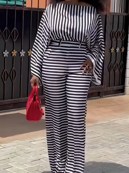 Oversized Black & White Striped Two-Piece Suit “ One-Shoulder Top & Wide-Leg Pants