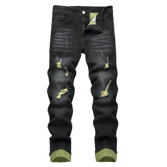 Men's Black Jeans Elastic Black Cattle Destroyed Jeans Long Pants For Casual Outings, Parties, And Dates 515-1