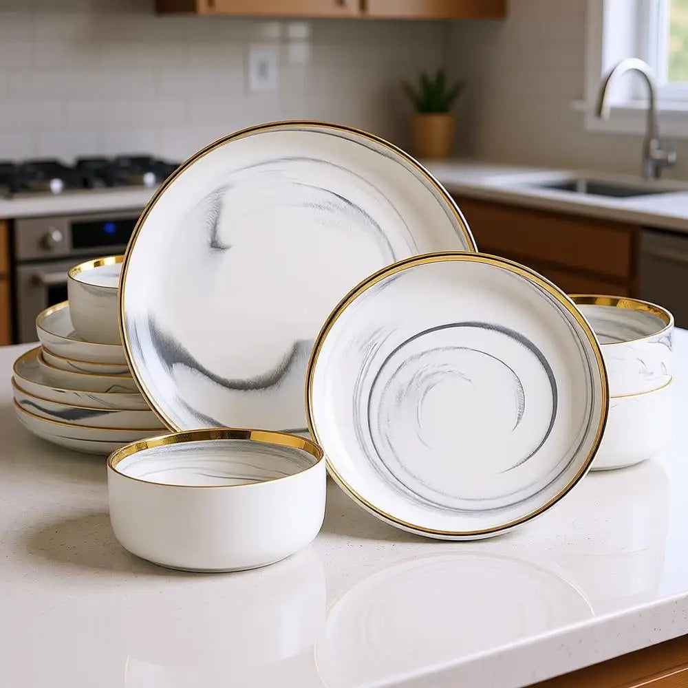 Elegant Gold Rim Porcelain Dinnerware Set, 4-Piece White And Grey China Plate And Bowl Set For Special Occasions, Hand Wash Reco