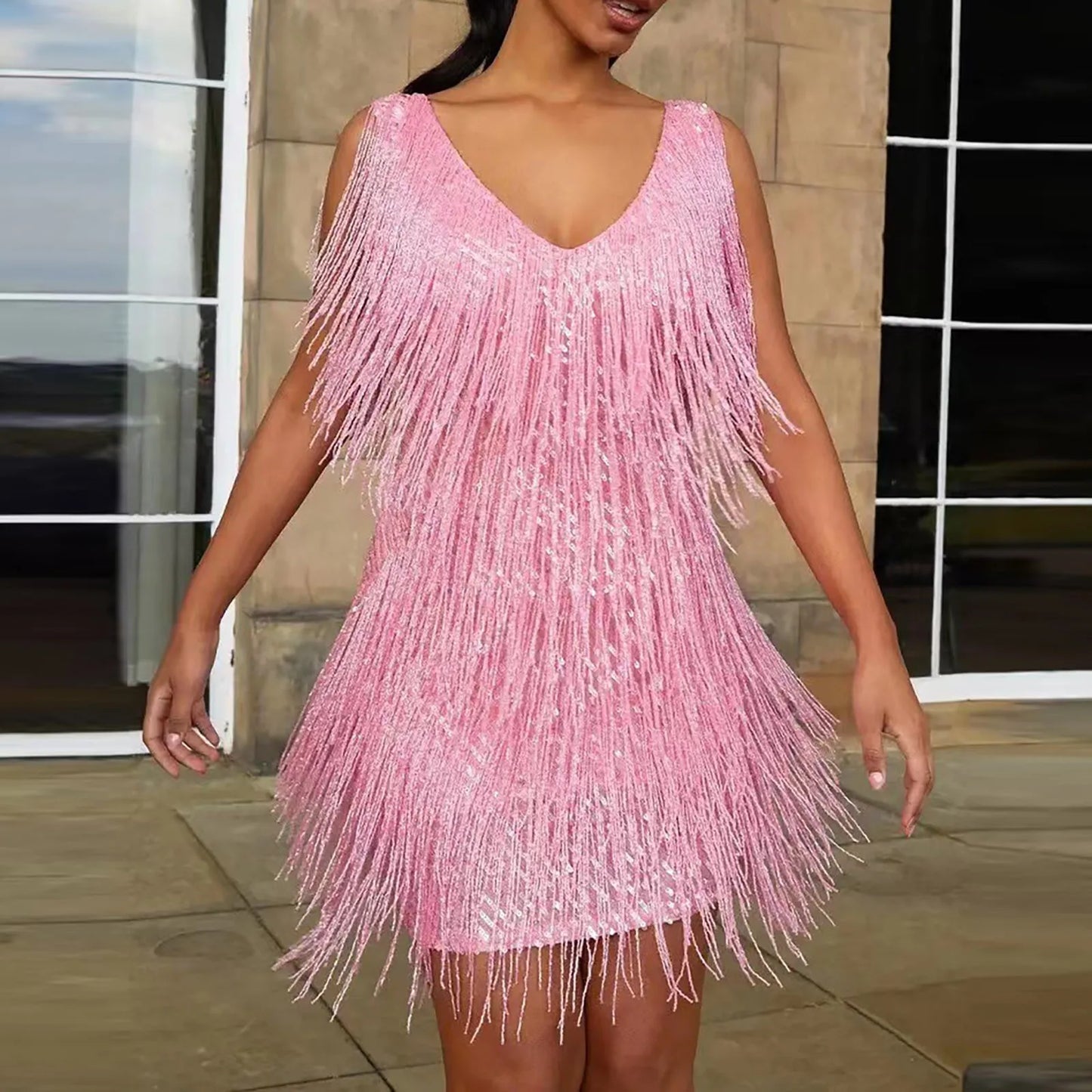 Sexy Tassels Sequin Cocktail Mini Dress Women Sleeveless V-Neck Robe P