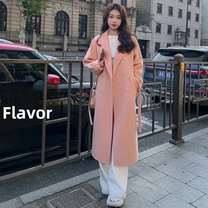 Women'S Blue Korean Style Loose Woolen Coat - Fashion Autumn Winter Outerwear