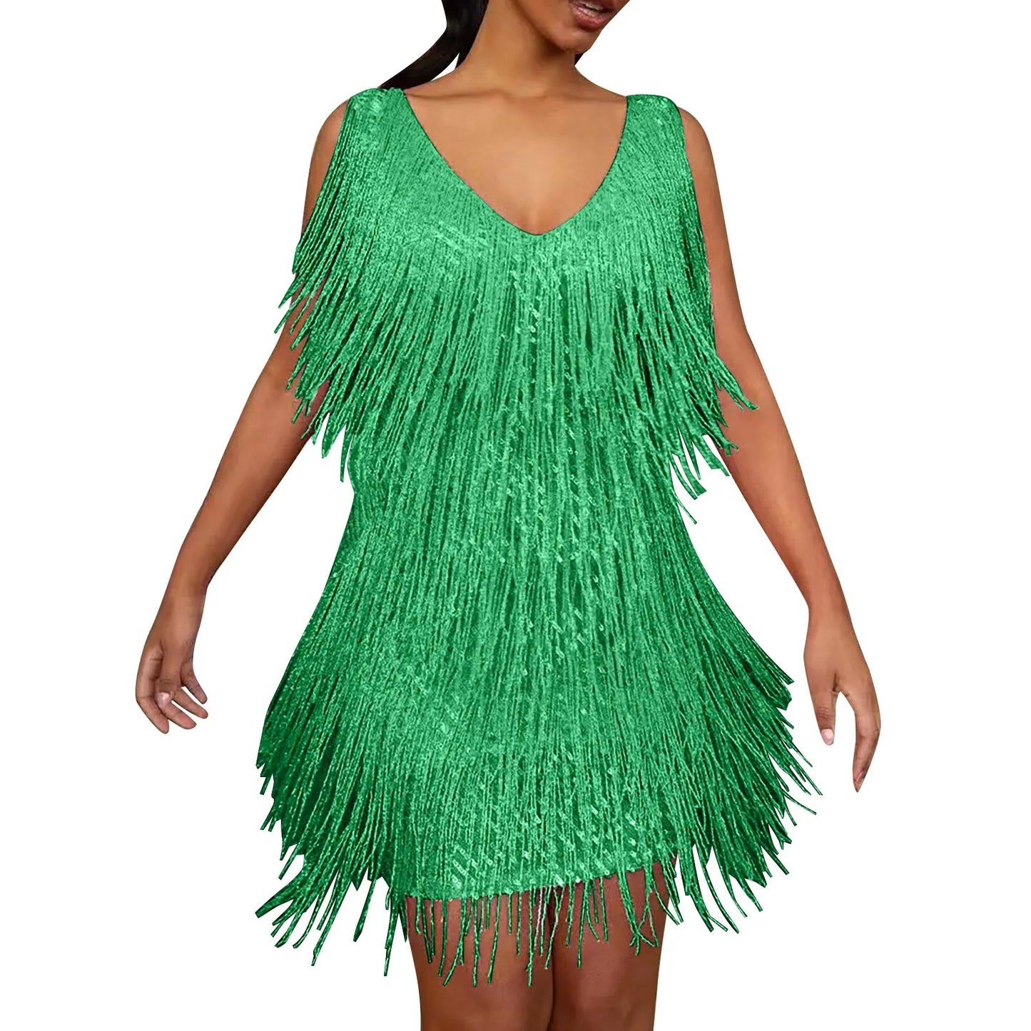 Sexy Tassels Sequin Cocktail Mini Dress Women Sleeveless V-Neck Robe P