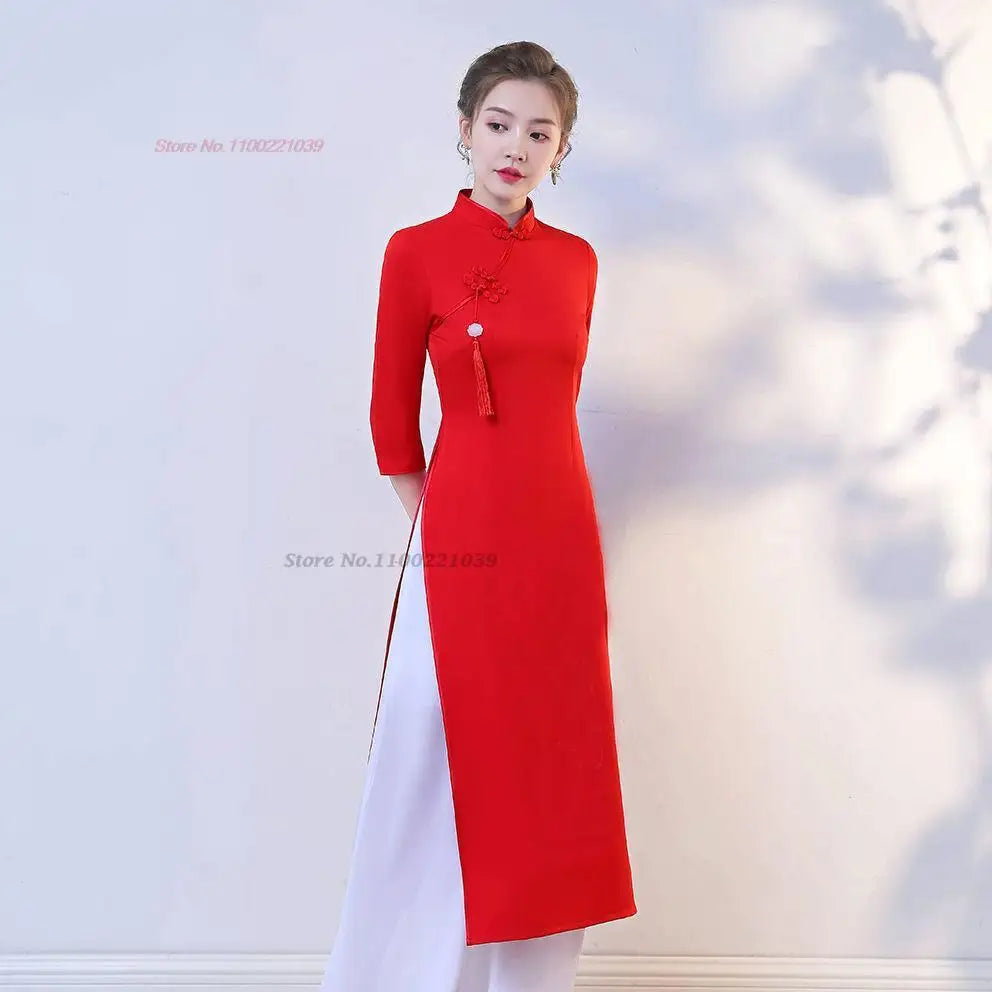 2026 Traditional Aodai Dress Vietnam Vintage Aodai Dress+Pants Set Oriental Qipao Dress Cheongsam Banquet Evening Dress Vestido