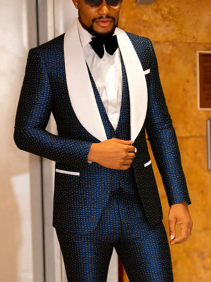 Men's three-piece slim-fitting suit set, including a tuxedo, a single-button shirt, a vest, and stretch waist pants, suitable fo