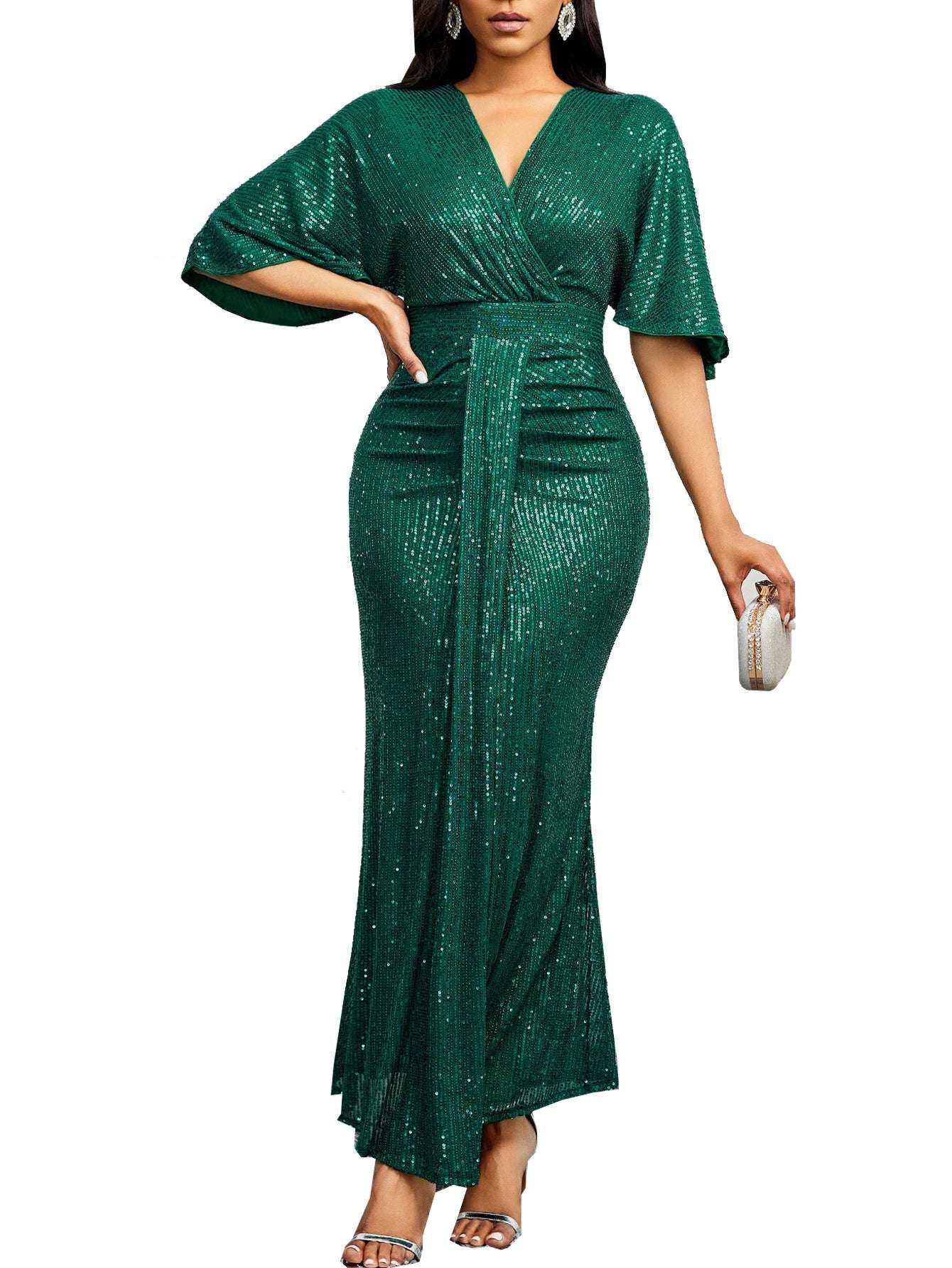 Women'S Sequin Dress Summer  V-Neck Ruffles Short Sleeves Vintage Pencil Pleats Slim Fit Fashion Banquet Cocktail Party