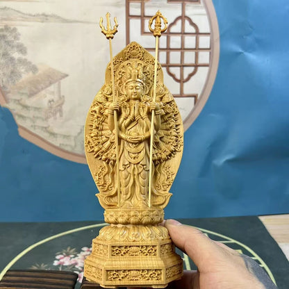 Wood Carving Thousand-Hand Avalokitesvara Bodhisattva Sculptures Figurines Buddhist Figures Home Room Office Feng Shui Statue