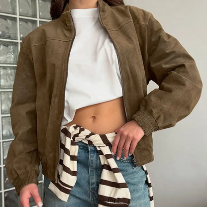 Personalized street long sleeved stand up collar jacket for Women, autumn and winter vintage suede jacket, soft and comfortable