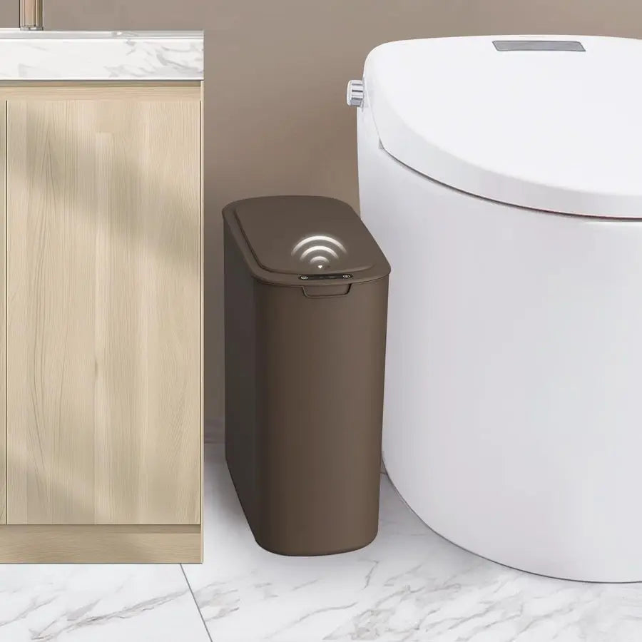 Automatic Motion Sensor Bathroom Trash Can With Lid, 2.6 Gallon Touchless Trash Bin, Smart Plastic Slim Garbage Can Small Brown