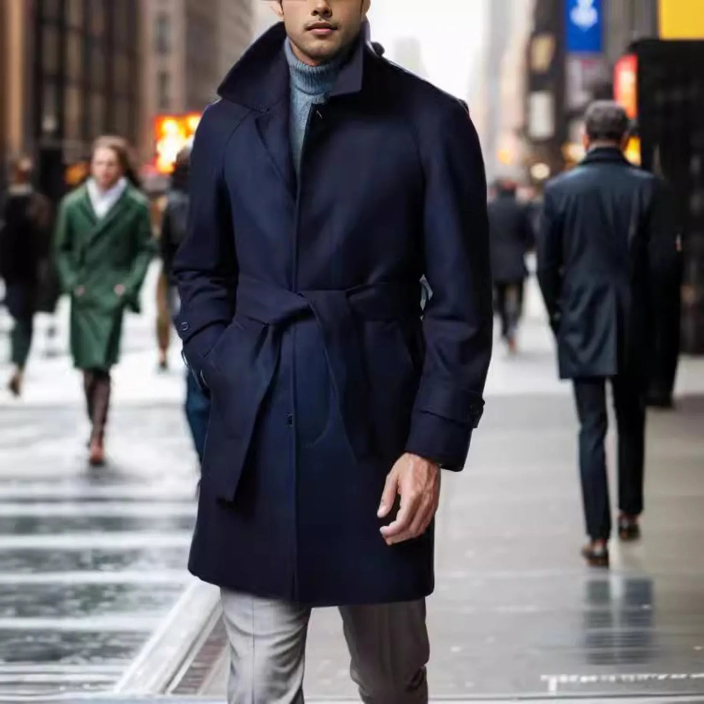 Men'S Vintage Woolen Windbreaker Trench Coat - Lapel Buttoned Belt Mid-Length Fall Winter Casual Outerwear