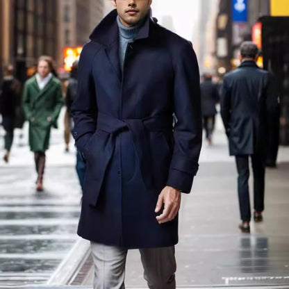 Men'S Vintage Woolen Windbreaker Trench Coat - Lapel Buttoned Belt Mid-Length Fall Winter Casual Outerwear