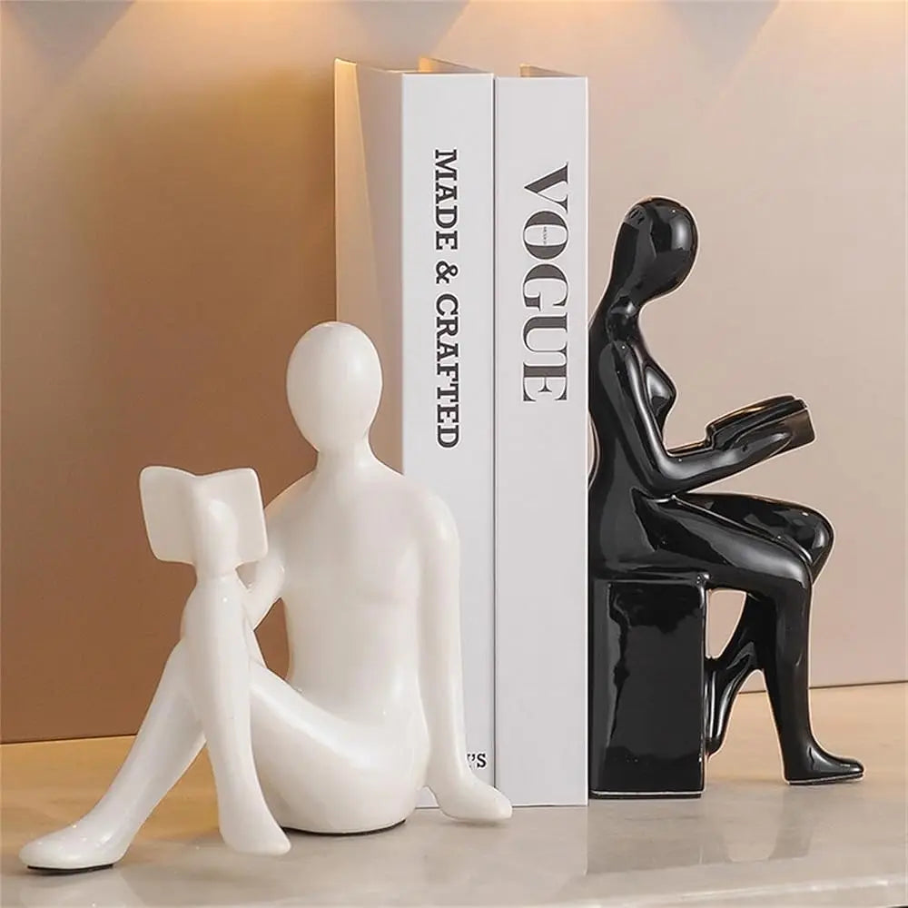 Book Reader Statue Ceramic Decorative Bookends, Bla And White Book Ends For Books, Shelf Decor Aesthetic Modern Book Holder