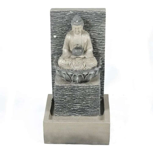 Grey Resin Meditation Buddha Statue, Outdoor Fountain with Base, Outdoor Fountain with LED Lights