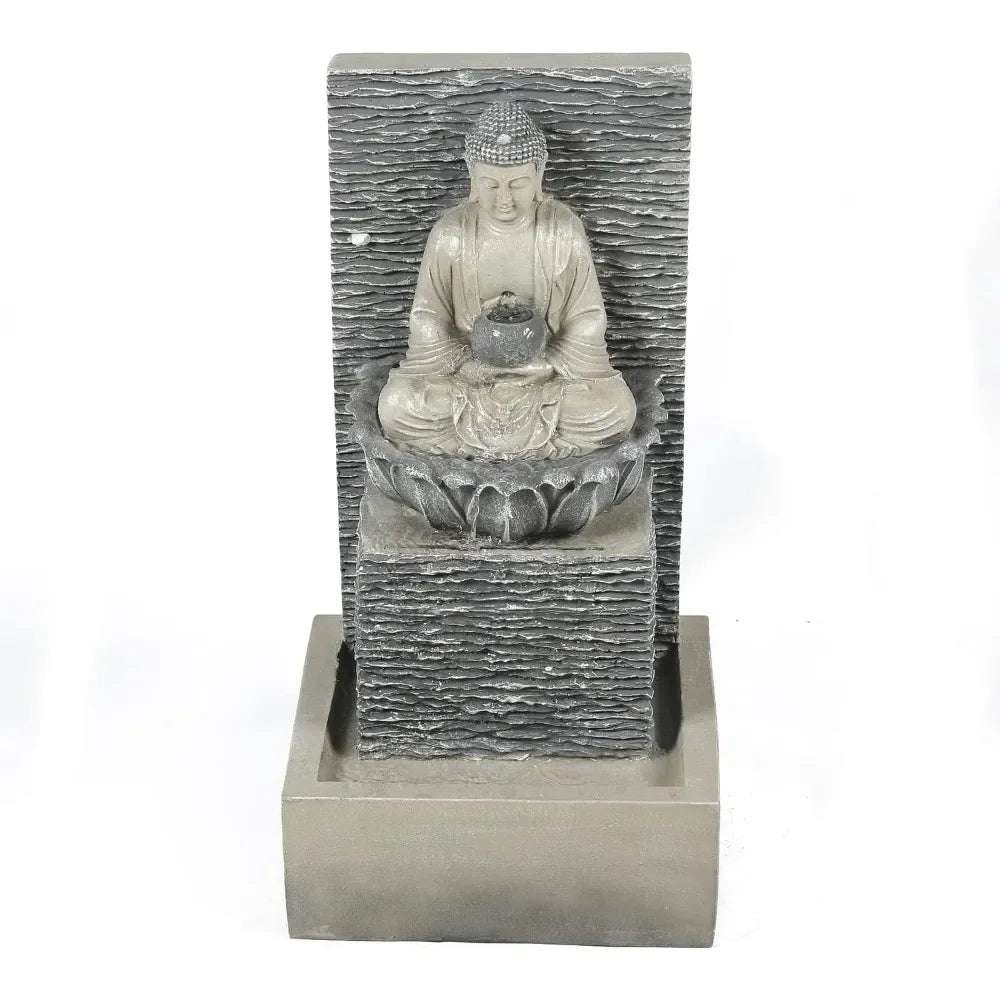 Grey Resin Meditation Buddha Statue, Outdoor Fountain with Base, Outdoor Fountain with LED Lights