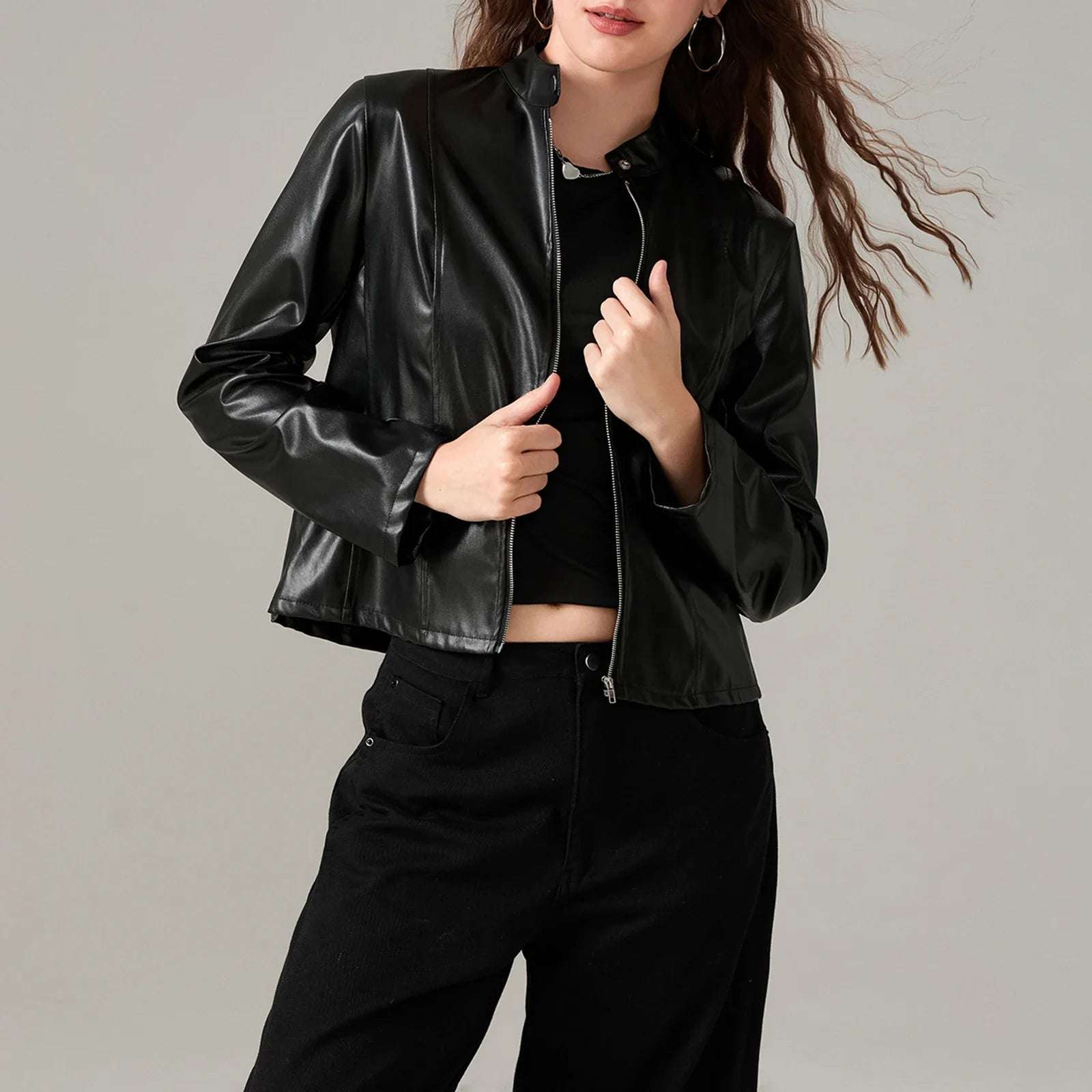 Women Faux Leather Jacket Slim Moto Biker Jacket Outerwear Long Sleeve Zipper Short Jacket