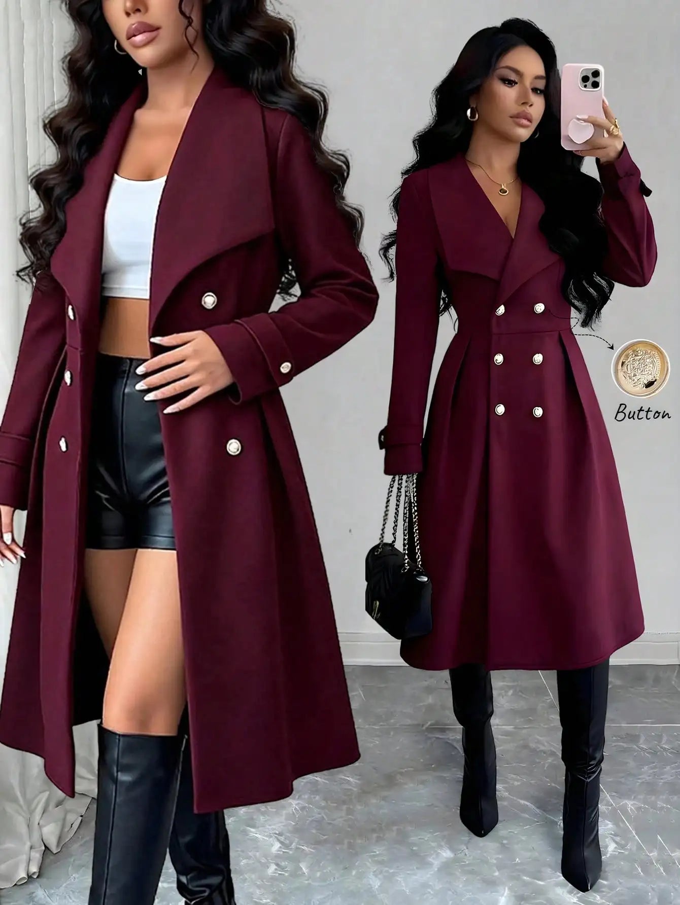 Elenzya WoMen's Burgundy Double-Breasted Wool Blend Coat, Elegant Street & Business Wear For Autumn Winter