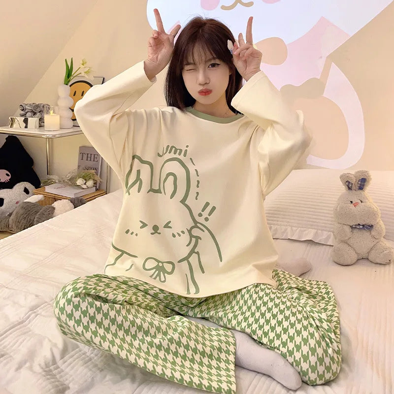 2025 New Spring And Fall Pajamas WoMen's Models Long-Sleeved Big Yards Thin Section Cartoon Cute Girls Student Pajamas Home Wear