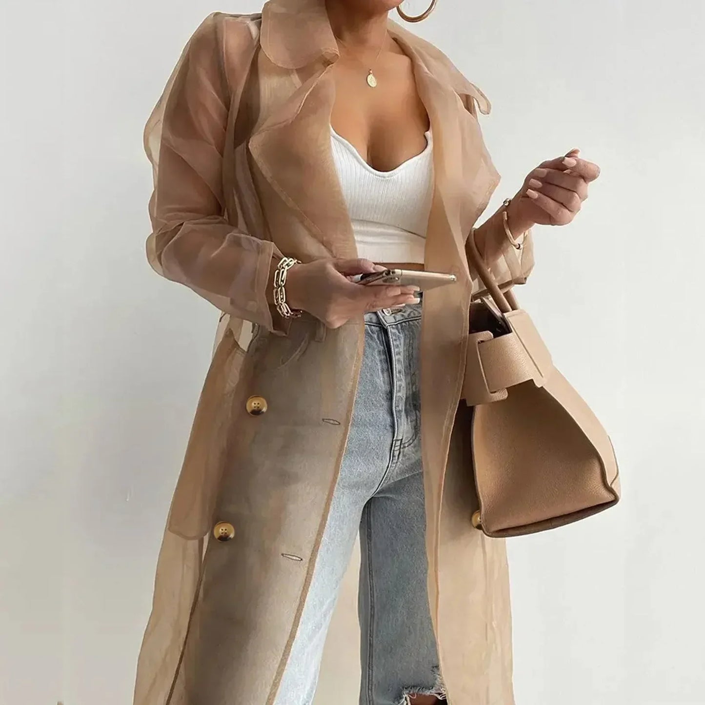 Jackets For Women Mesh Transparent Overcoat Long Sleeve Buttoned Coat With Belt Turndown Collar Light Weight Long Jackets