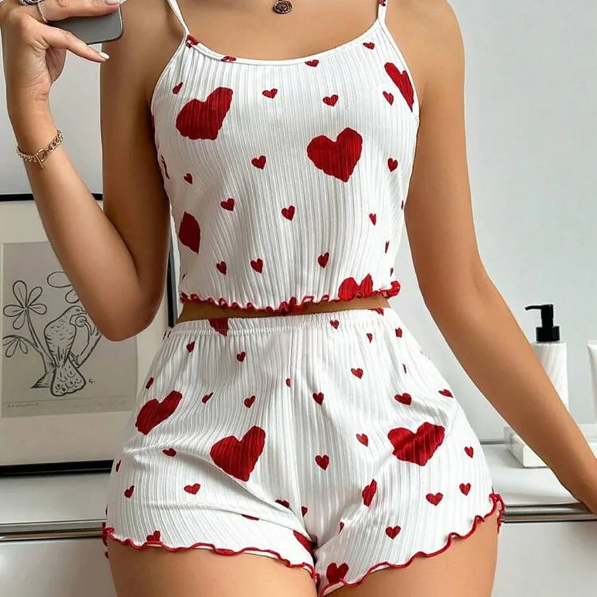 WoMen's Pajamas Set Sleepwear 2 Pcs Short Tank Tops And Shorts S M L White Ventilate Soft Casual Love Printing