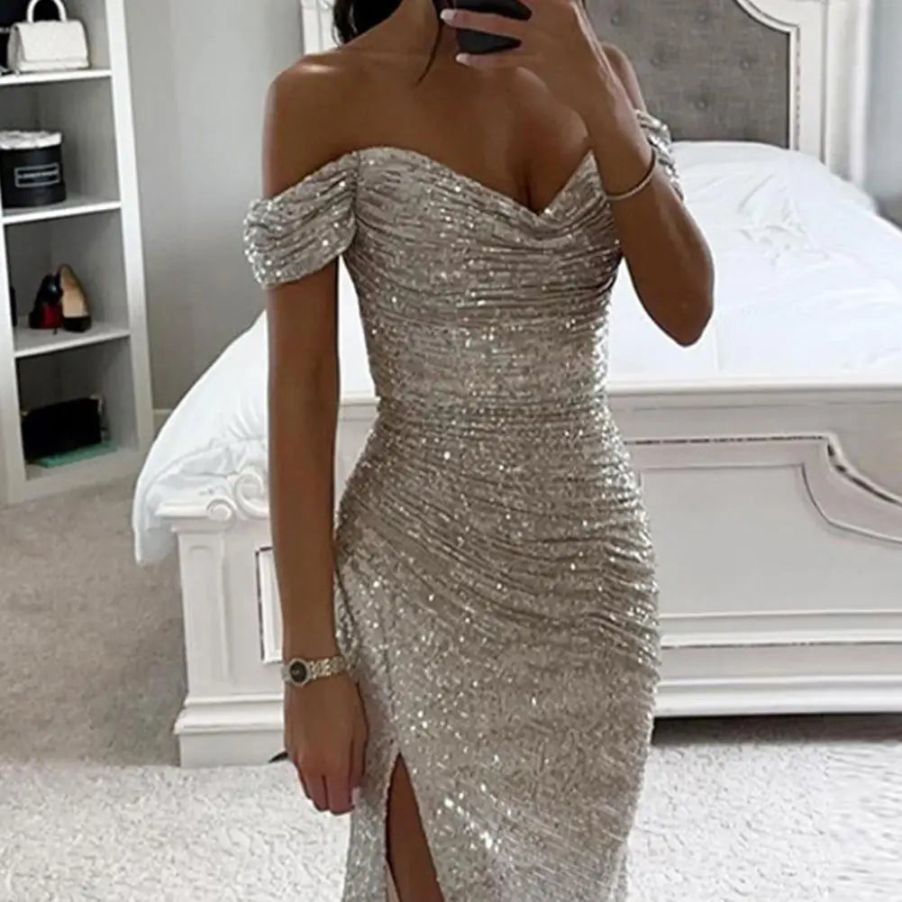 Evening Party Prom Dress Women's V-Neck Off Shoulder Maxi Dress Sequin Pleated Short Sleeve Slim  Split Long Dress