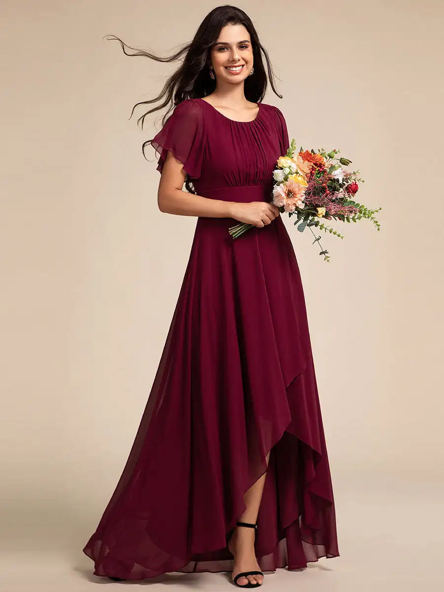 Elegant Evening Dresses Round Neck Ruffles Sleeve Asymmetrical Hem 202