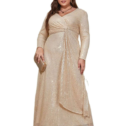 2025 Women's Party Maxi Dress Long Formal Prom Cocktail Dress Floor Length Short Sleeves V-Neck Sequin Evening Dress