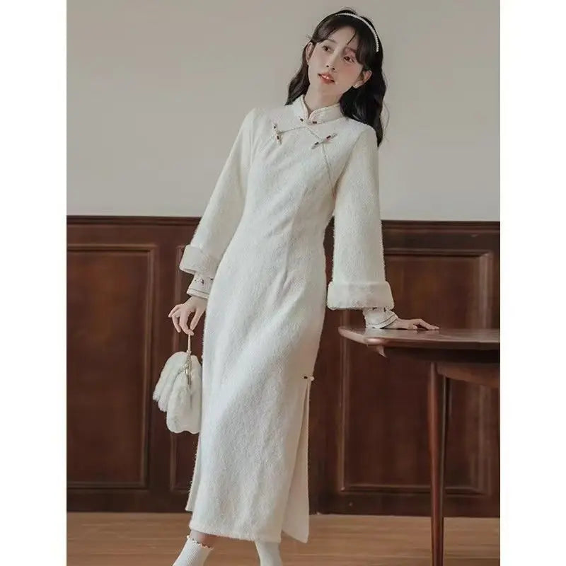 Jacquard Women Ao Dai Improve Vietnam Dress Traditional Chinese Evening Cheongsam White Long Sleeve Ladies Elegant Qipao Dress
