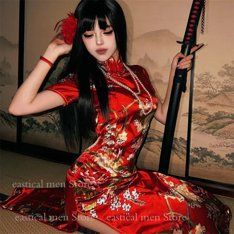 Cute Red Flower Print Cheongsams Lady Long Qipao Satin Vestidos Improved New Chinese Style Dress Elegant China Dress Costume