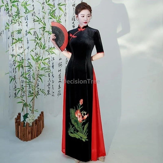 Autumn Velvet vietnam aodai qipao dress exquisite printing improved daily Slim fit vintage dress elegant literature art qipao
