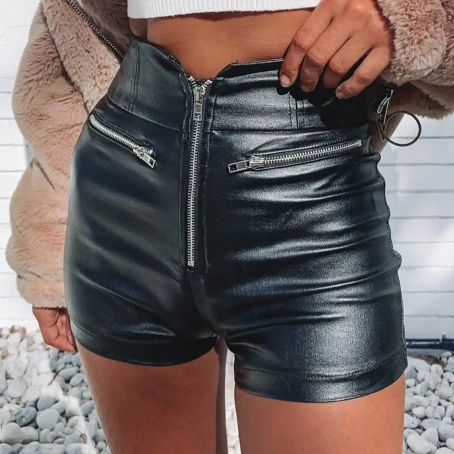 Zip Up Pu Leather Shorts For Women'S Stretch Slim Solid Color  Waist Shorts Female Comfortable Shorts Party Evening Short