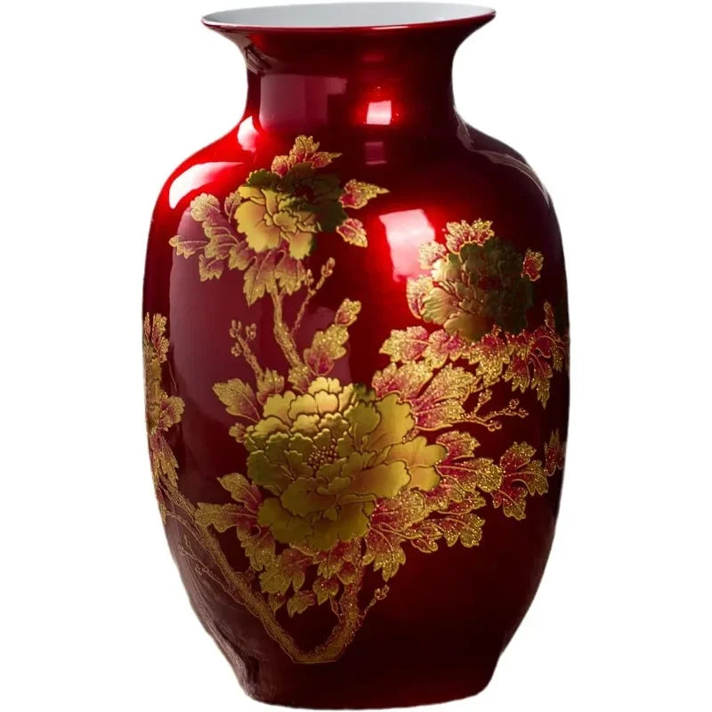 Red Vase Oriental Ceramic Flower Vases Decorated with Peony Design for Home Living Room Ornaments and Wedding Tall 9''