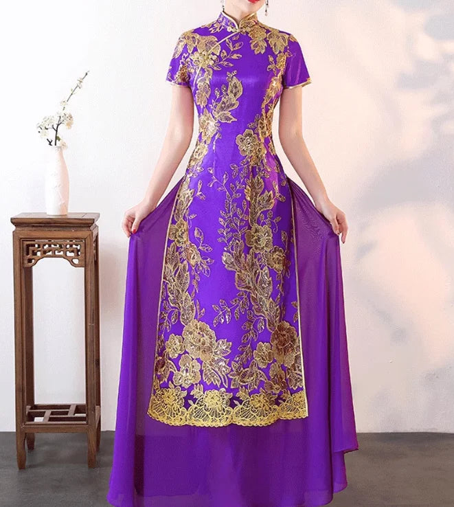 Chinese Cheongsam Woman Dress Summer Ao Dai Vintage Chipao