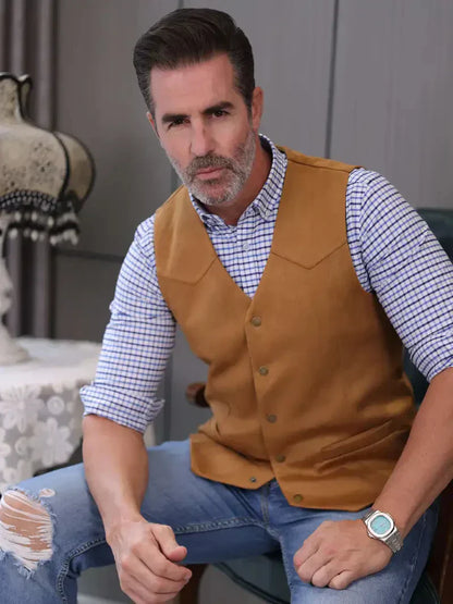 Men'S Vintage Suede Leather Vest  Slim Fit V-Neck Sleeveless Waistcoat, 4 Colors, Sizes Xs’Xxxl