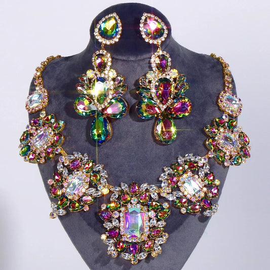 Stonefans Drop Rhinestone Necklace Earrings Set for WoMen's 2023 Wedding Party Accessories Drag Queen Exaggerated Jewelry Set Gift