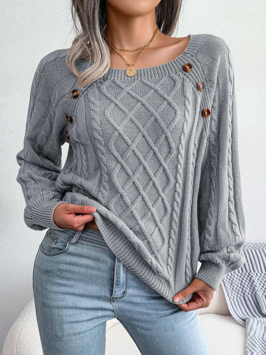 Women Casual Square Collar Buttons Long Sleeve Knitted Pullovers And Sweaters For Autumn Winter 2023
