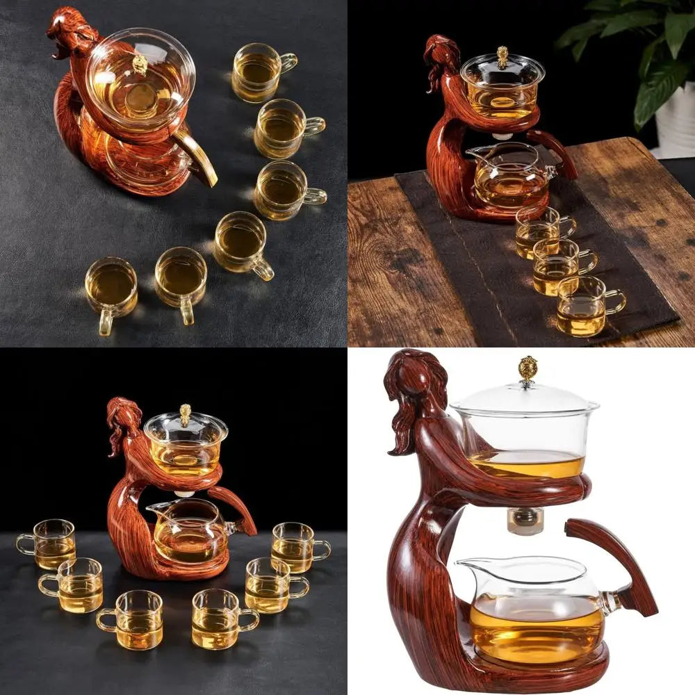 Semi-Automatic Glass Kungu Tea Set With 6 Red Mini Cups