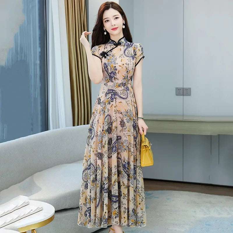 Women Summer Cheongsam Dresses Vintage Floral Pattern Mother Dress Chi