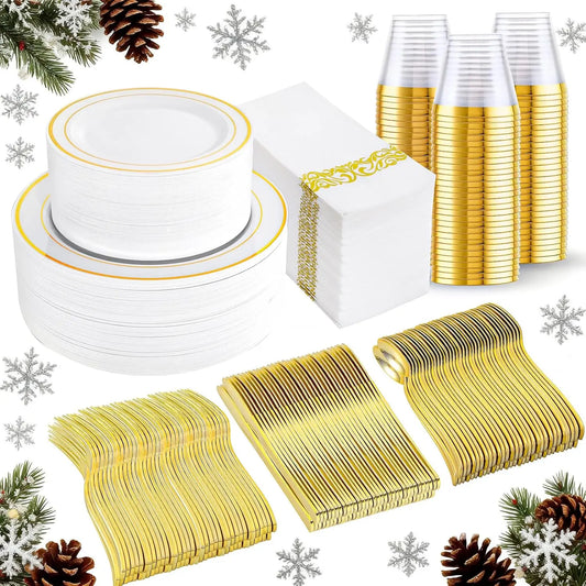 350-Piece Gold Plastic Dinnerware Set For 50 Guests, Includes Plates, Cups, Napkins, And Silverware For Parties And Weddings