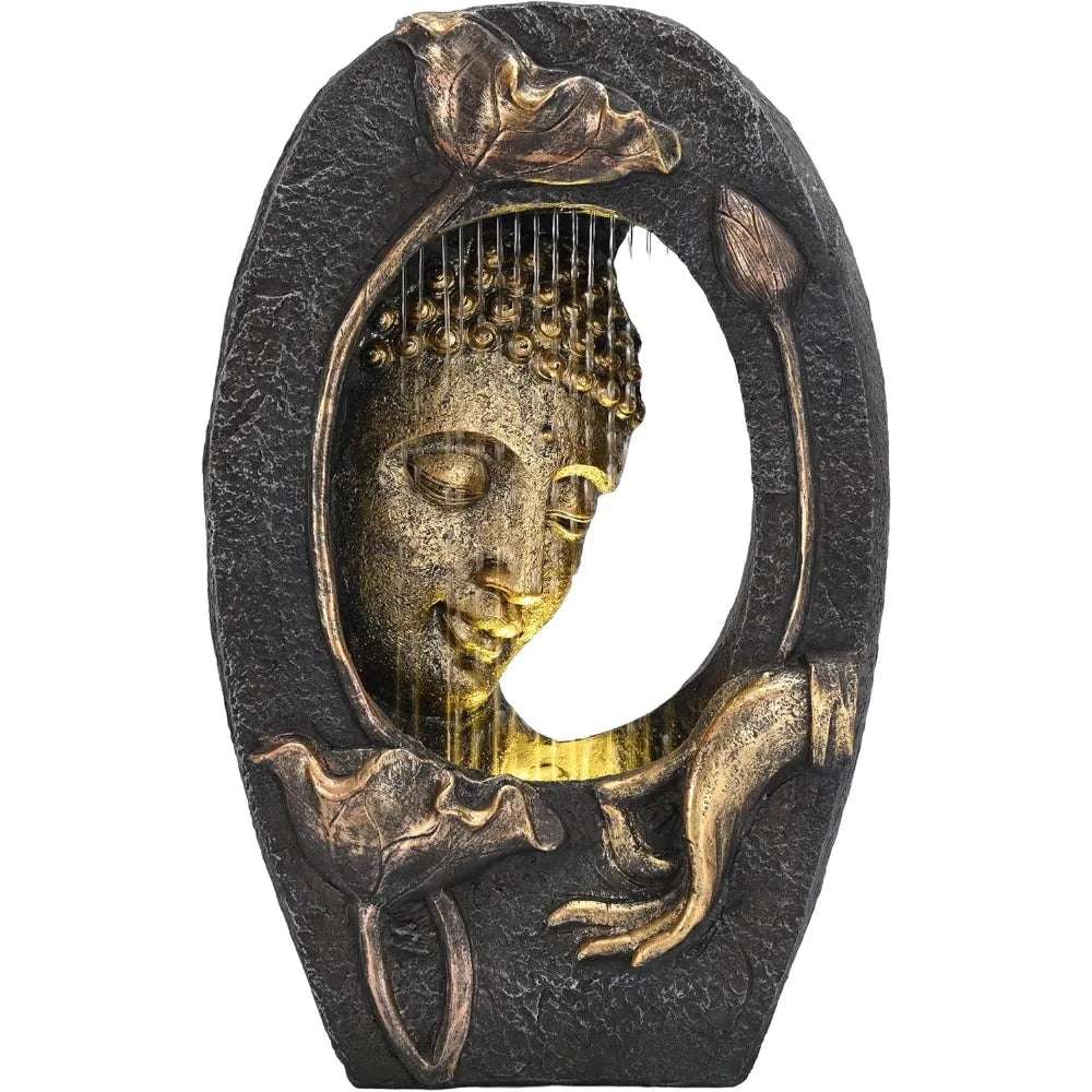 Outdoor Fountain with LED Lights and Water Pump, Floor Standing Buddha Statue Resin with Waterfall, Tall Zen Garden Statue