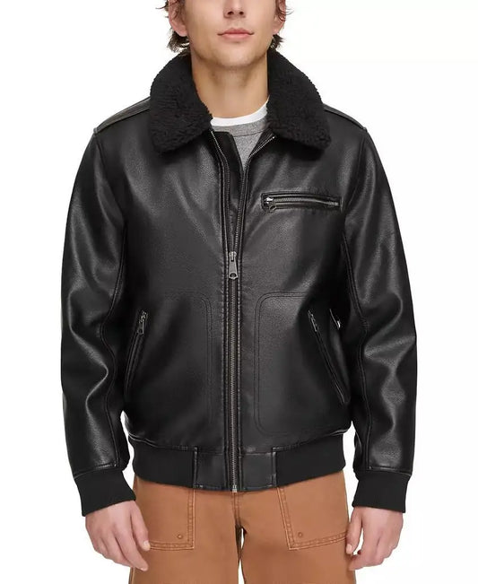 Men's Sherpa Collar Faux Leather  Jacket