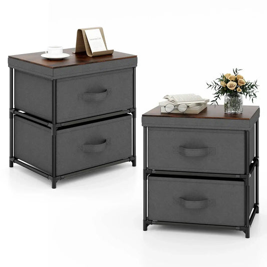 2PCS 2 Drawer Dresser Fabric Storage Organizer Nightstand Bedside Sofa Table