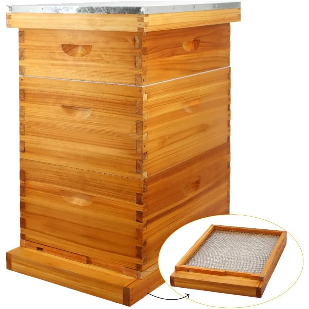 MayBee 10 Frame Screened Bottom Board Beehive Dipped in 100% Beeswax, Bee Hives Kit Includes 2 Deep Boxes & 1 Medium Box with Be