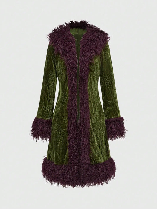 Boho Women'S Velvet Jacket With Purple Faux Fur Trim, Long Sleeve Colorblock Coat For Fall/Winter